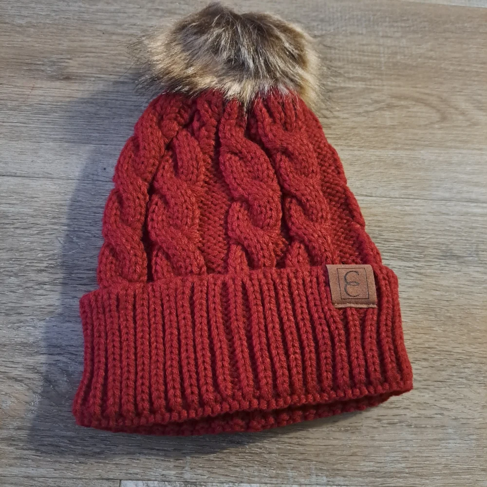 Red Maroon Burgundy Cozy Cable Knit Beanie with Pom NWOT